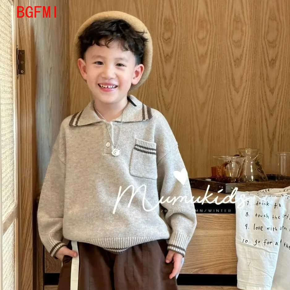 Korean Children's Clothing Boys Polo Collar Sweater Autumn Winter Kids Versatile Fashion Pullover 1-11Y Baby Knitted Shirt Top