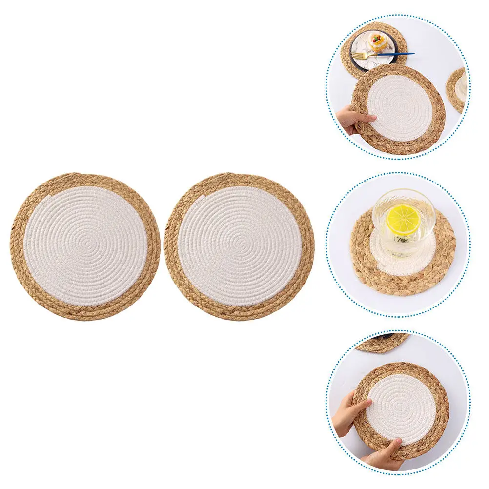 2Pcs Round Woven Straw Placemat Heat Insulated Table Mat Anti Scald Place Mat for Home Kitchen Dining Tableware
