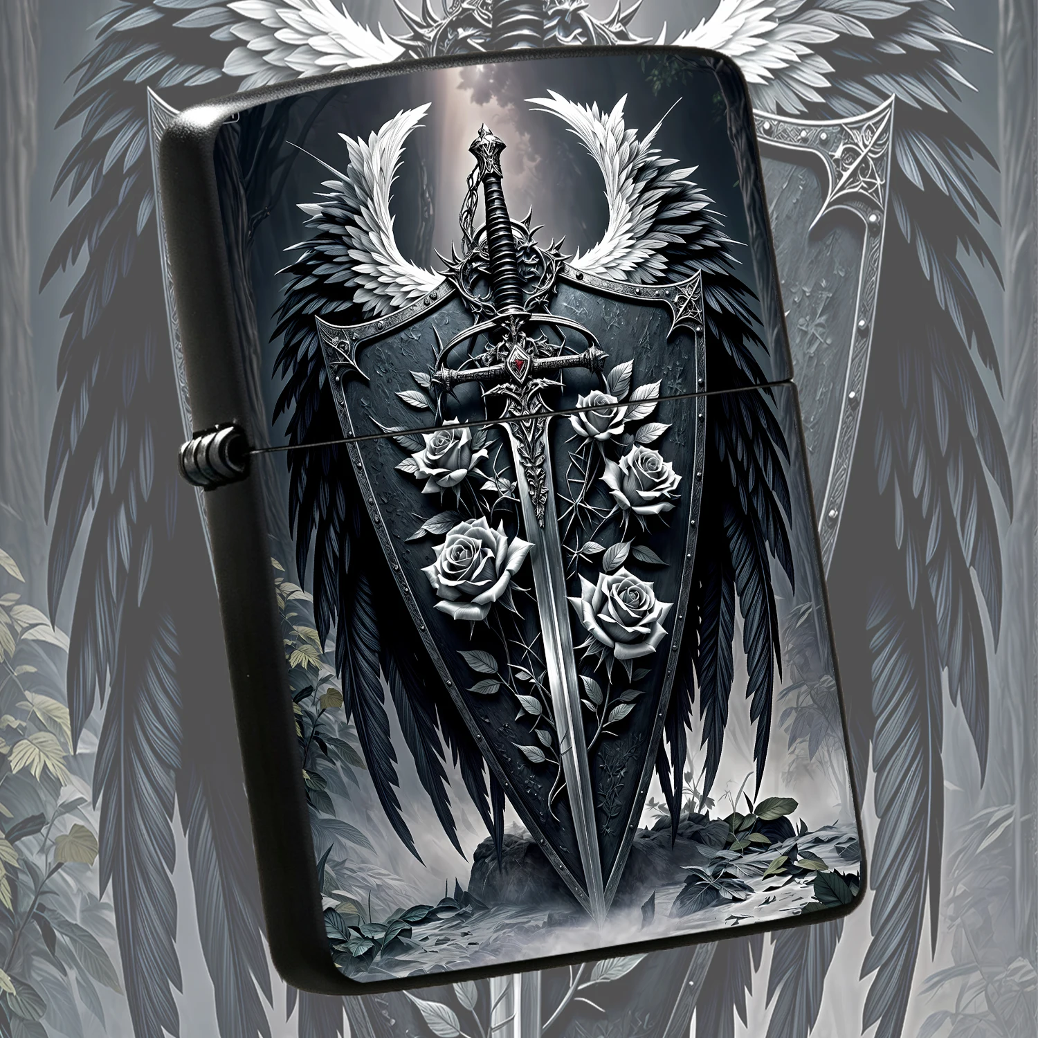 Gothic Dark Style Lighter With Sword Shield White Rose Wing Pattern, Exquisite Art Decorative Accessory, Suitable For Daily Travel Outdoor Gathering Various Scenarios, Unique Creative Gift For Friends Family, High Aesthetic Practical Person