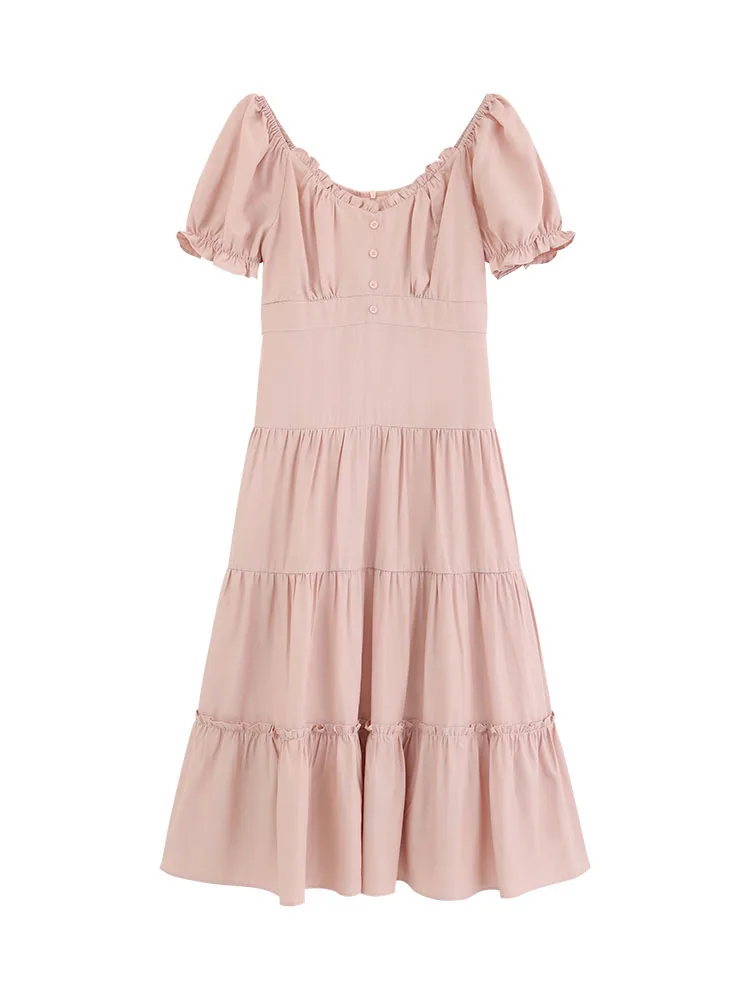 Doce rosa com decote em v vestido plissado feminino cintura alta em camadas bolo saia verão puff manga estilo princesa roupa feminina elegante olhar