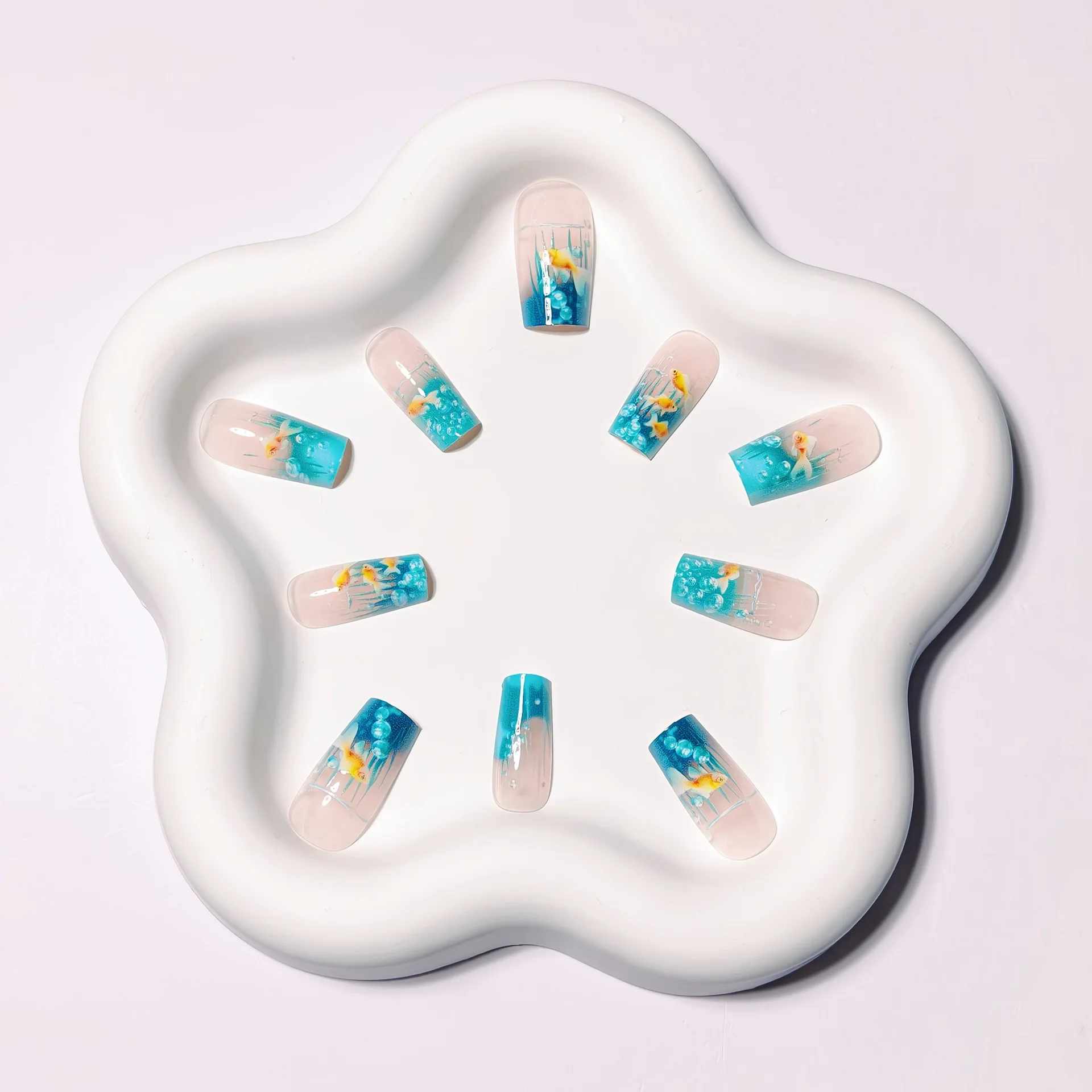 Medium long Square fake nails for women Summer blue water fish in yellow red colors full cover press on acrylic false nail art - view 6