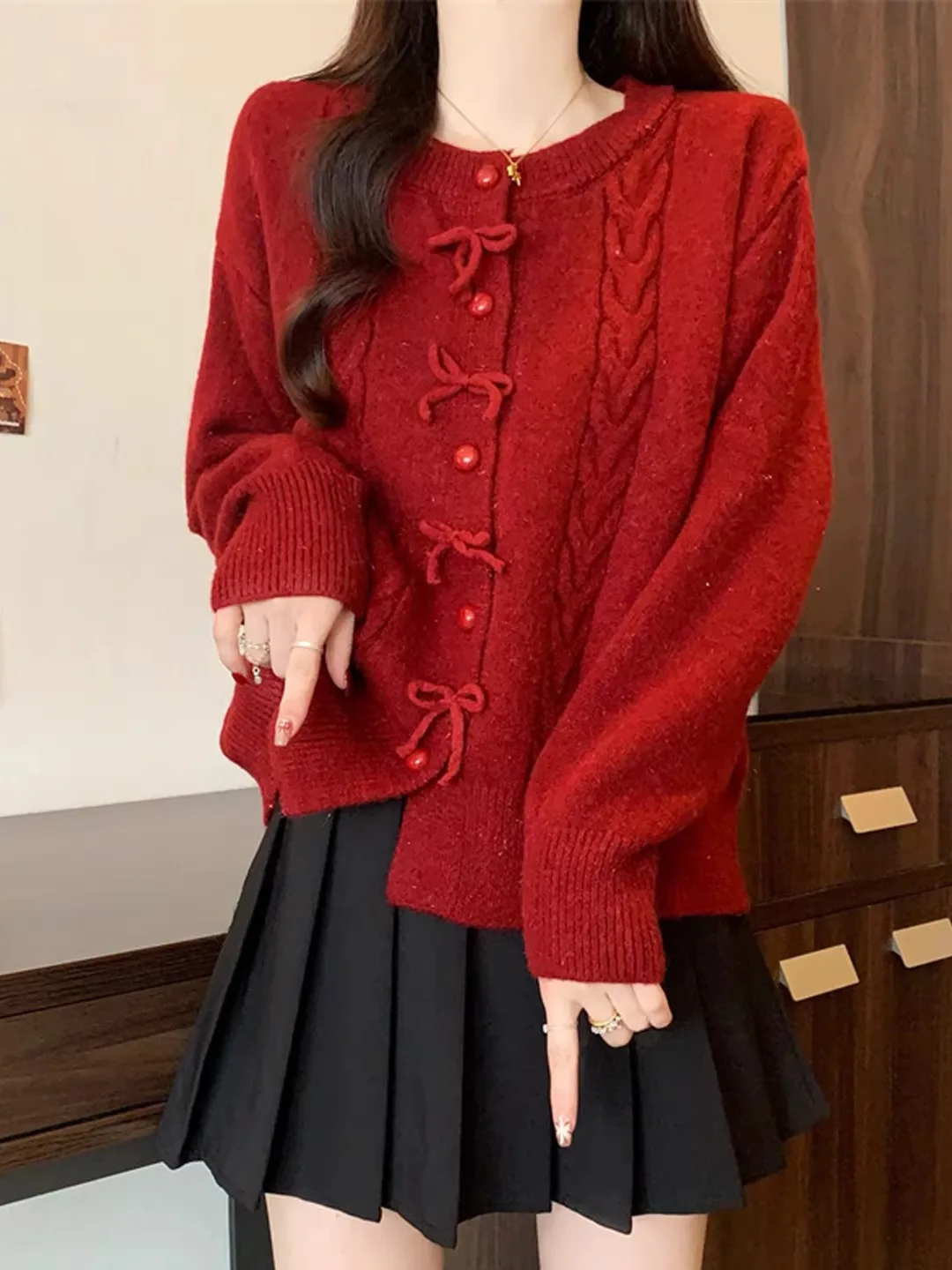

Red Knitted Sweater Coat Women's Autumn Winter New Sle Inner Wear High End Outerwear Knot Sweater Cardigan Top