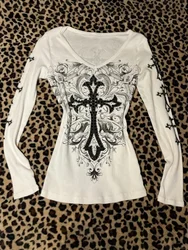 HOUZHOU-camisetas blancas con gráfico gótico para mujer, camiseta Vintage Y2k Grunge, camisetas Harajuku Retro americanas sexis con cuello en V, Tops estéticos