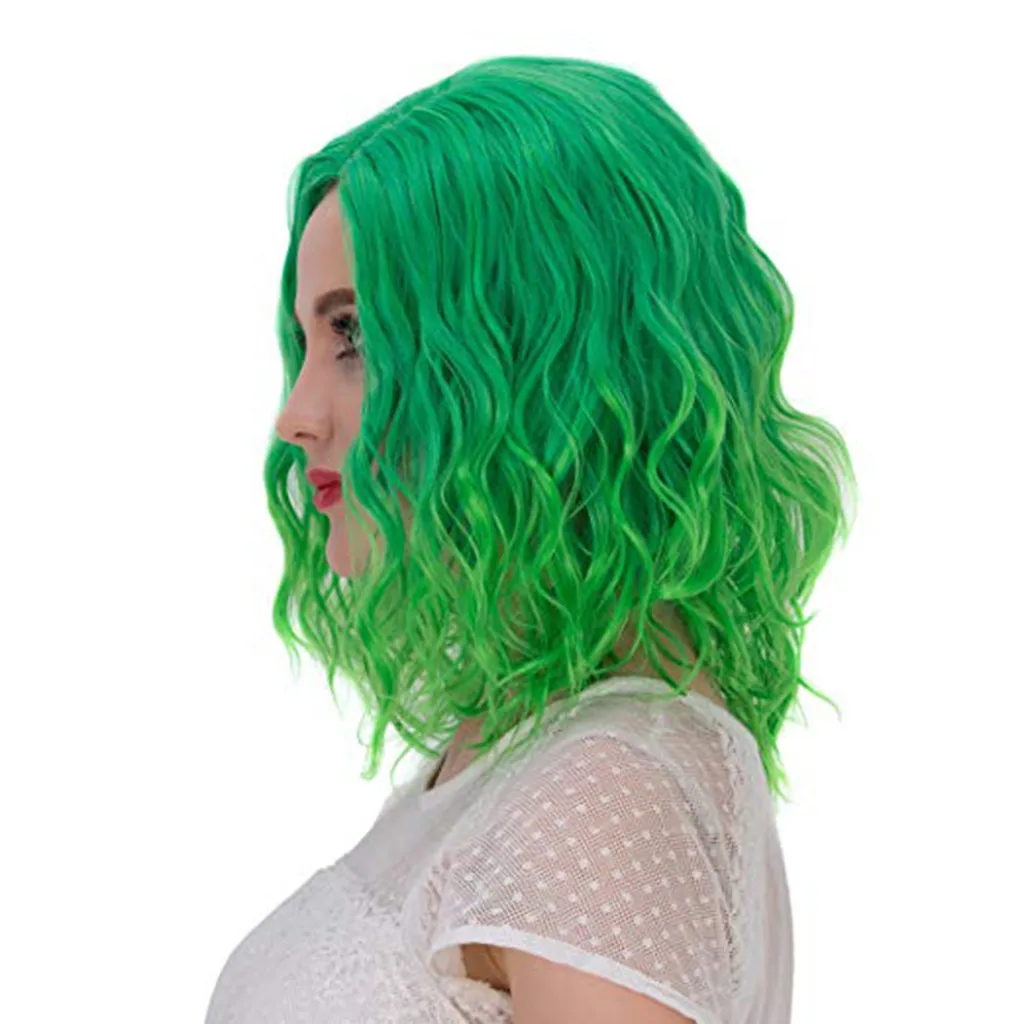 Women Green Cosplay Wig Shoulder Length Side Part Wavy Wig Synthetic Heat Resistant Hair Daily Clothing Matching Party Wigs