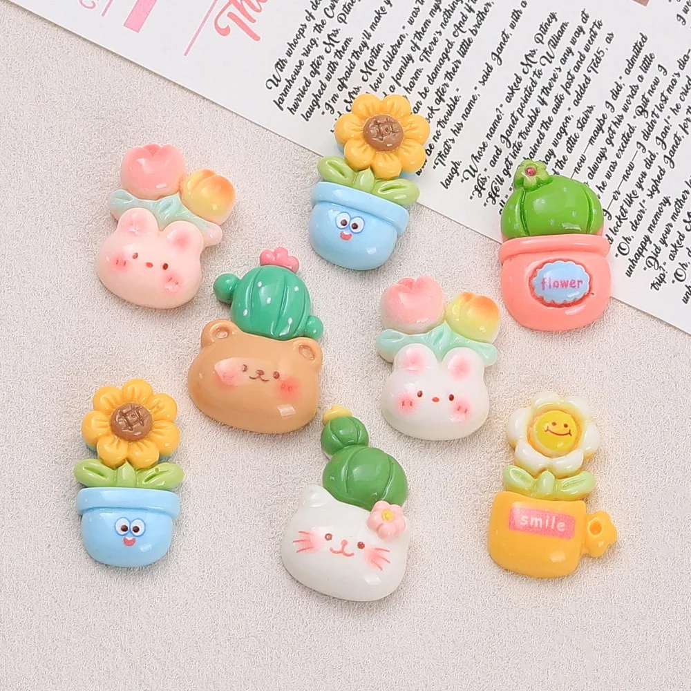 10pcs Kawaii Animal Flowerpot Resin Flatback Cabochon For Hairpin Scrapbooking Phone Case DIY Jewelry Craft Decoration