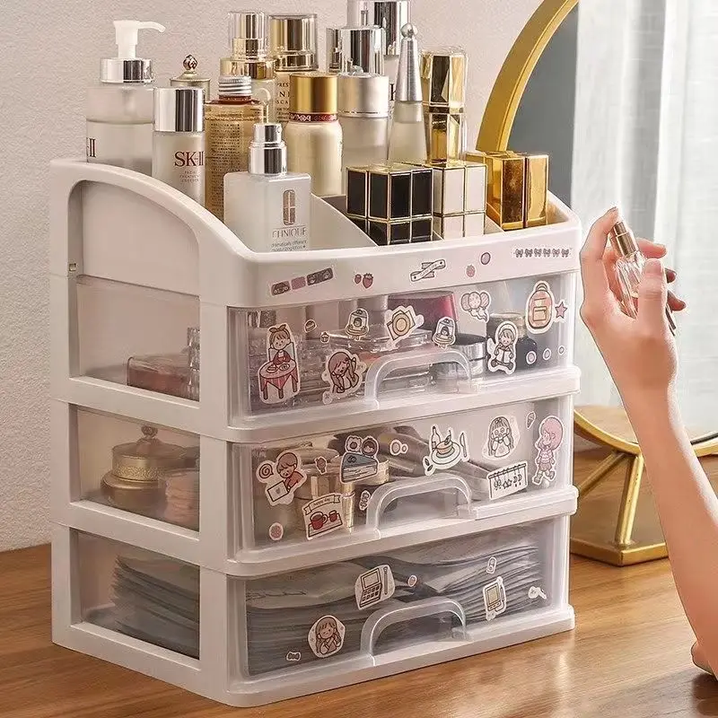 4-Tier Desk Organizer with Drawers Clear Plastic Multi-Compartment Makeup Storage Box for Vanity