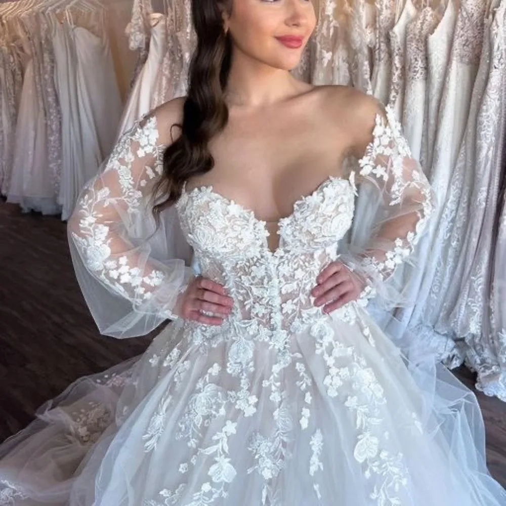 Boho A-Line Wedding Dresses Long Puffy Sleeves V-neck Appliques Floor Length Bridal Gown Elegant Vestido De Novia
