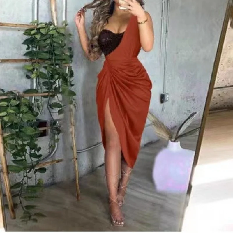 فستان سهرة مثير للنساء من Dr Wi بكتف واحد مع طيات وخرز وفتحة عالية الخصر من مادة البوليميد بدون مشهد شاطئ Sve #2