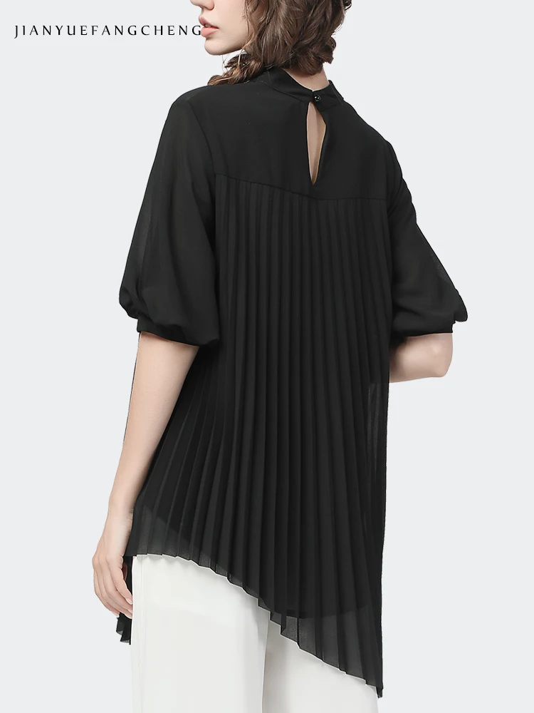 2023 Summer Chiffon Blouse Mid-length Black Lantern Sleeve Crew-neck Loose Plus Size Women\' Top With Belt Pleated Tops Shirts