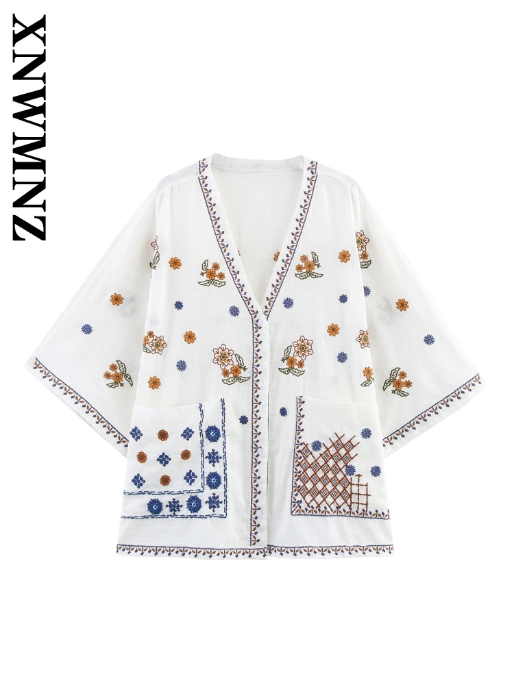 

XNWMNZ 2025 летняя женская повседневная рубашка с коротким рукавом в стиле бохо, шикарная праздничная женская одежда, белые модные тонкие блузки с v-образным вырезом и цветочным принтом