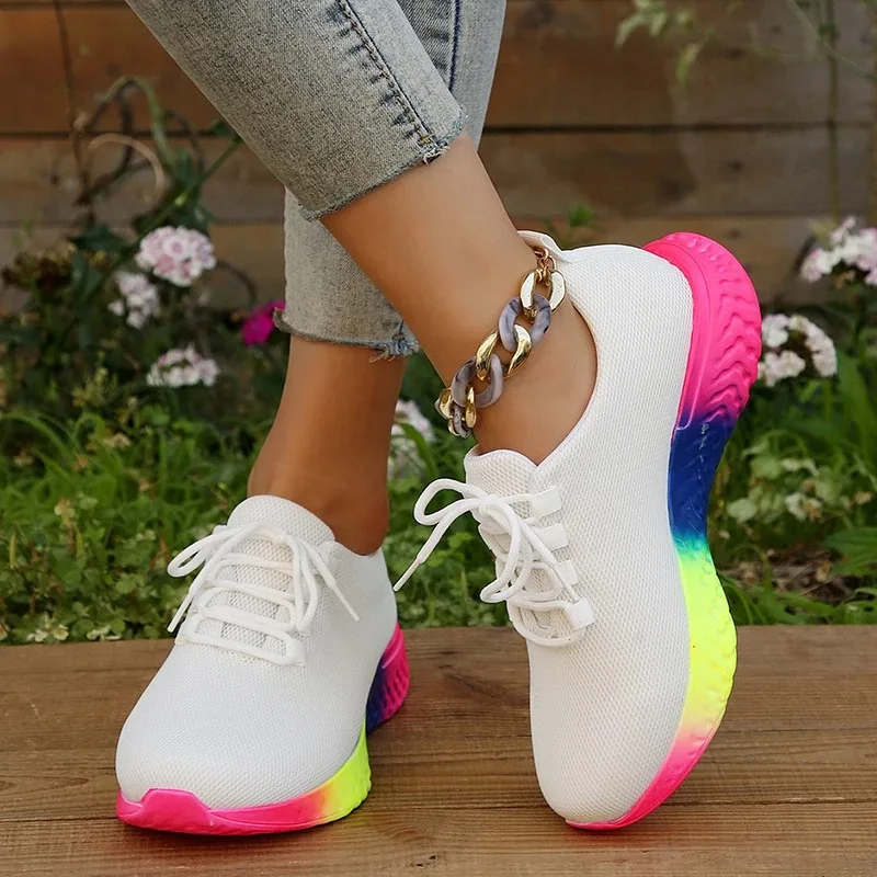 Mode Regenbogen unten Sneaker Schuhe Frauen Schnürung atmungsaktive Mesh Freizeit schuhe Frau plus Größe 43 Outdoor rutsch feste Wohnungen