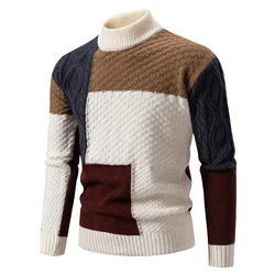 Autumn Winter Men's Fashion Patchwork Knit Pullovers Slim Fit Casual Knitted Sweater Men Mock Neck Vintage Streetwear Knitwear