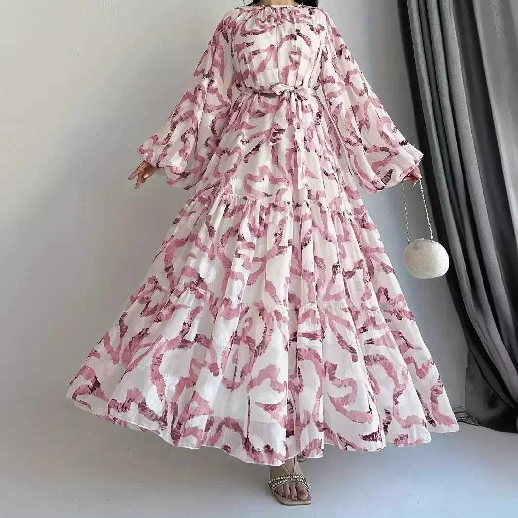 Middle Eastern Muslim Women\'s Long Gowns, Arabic Abayas, Printed Long Trousers with Belts, Fashionable and Elegant Dresses.