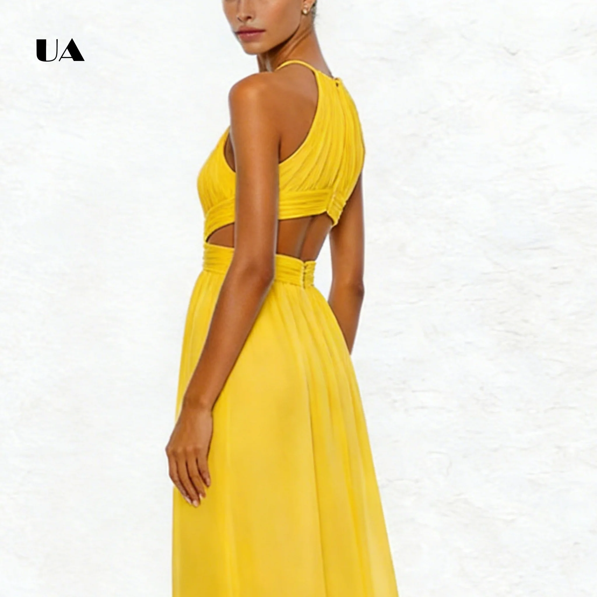 فستان حفلة موسيقية شيفون على شكل حرف A من ULBYANRY مع حاشية مكشكشة متدرجة، فستان سهرة بقصة رسن سادة، فستان حفلات مخصص بدون أكمام