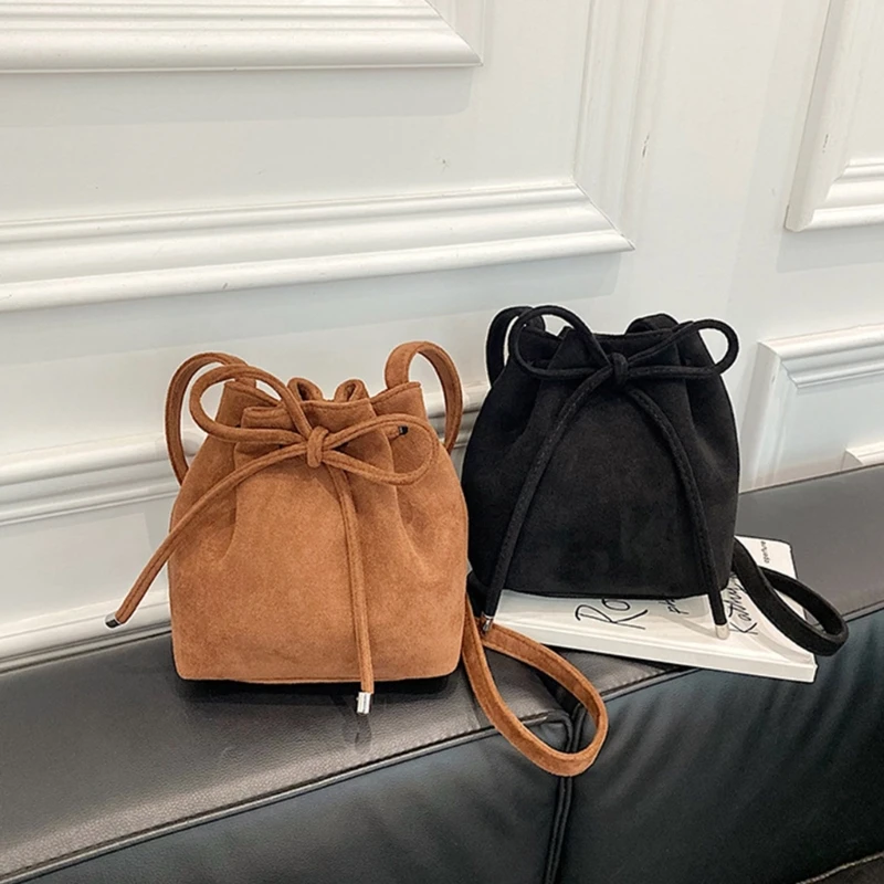 Vintage Pleated Drawstring Bucket Bag Women Solid Color Small Single Crossbody Shoulder Bag Lady Daily Casual All-match Handbag