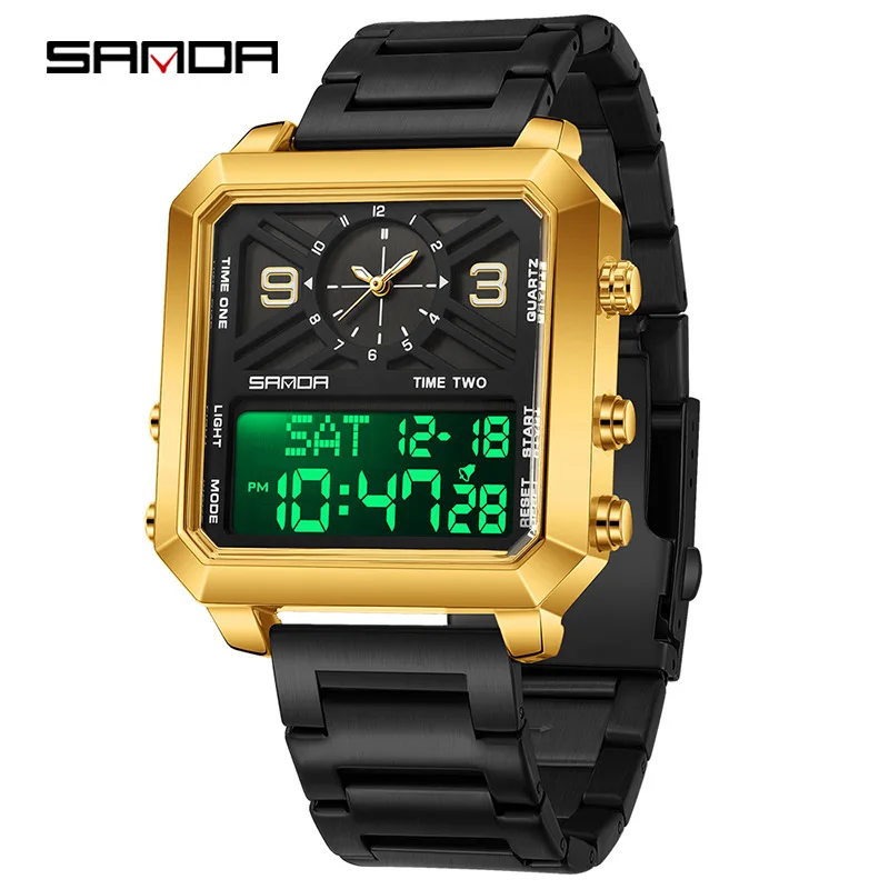 

SANDA 6265 Square Dual Display Watch Men's Electronic Quartz Dual Movement 3ATM Waterproof Night Light Sports Business Watch
