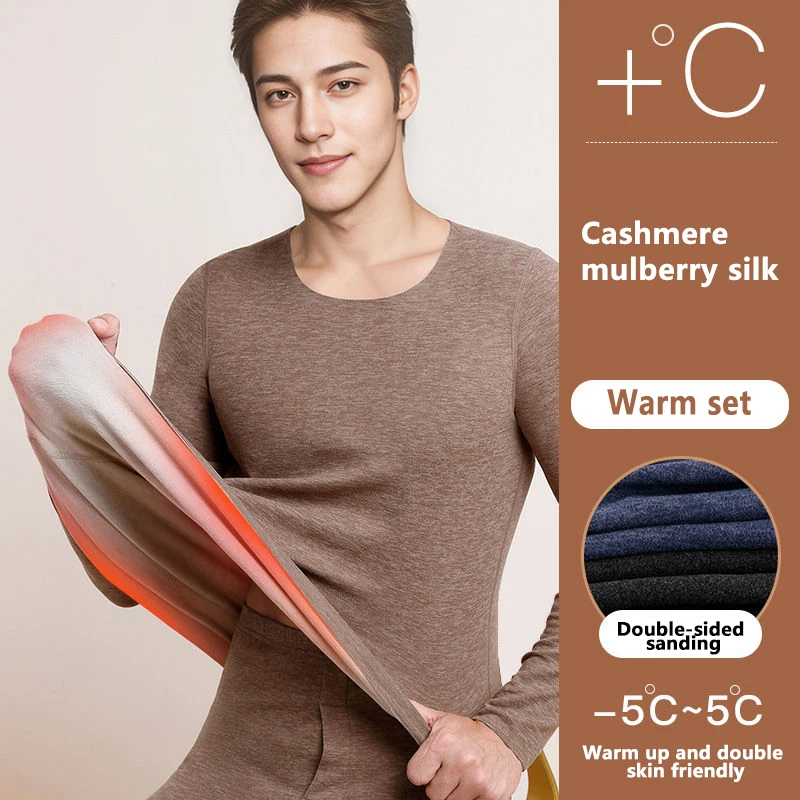 

Warm men's underwear with added velvet and thickened winter mulberry silk wool de velvet constant temperature self heating autum