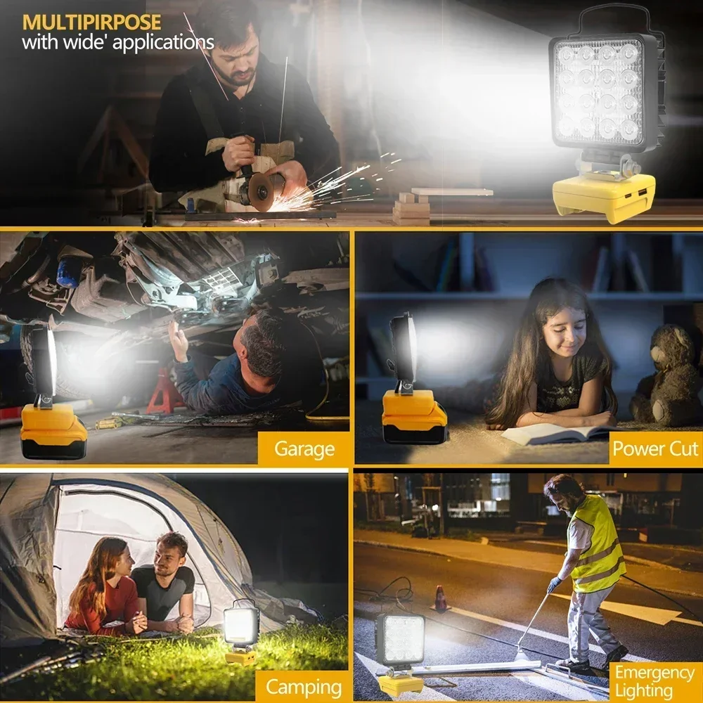 16 luces LED de trabajo linterna focos tipo C banco de energía USB para DeWalt 18V 20V batería de litio Control de haz alto y bajo