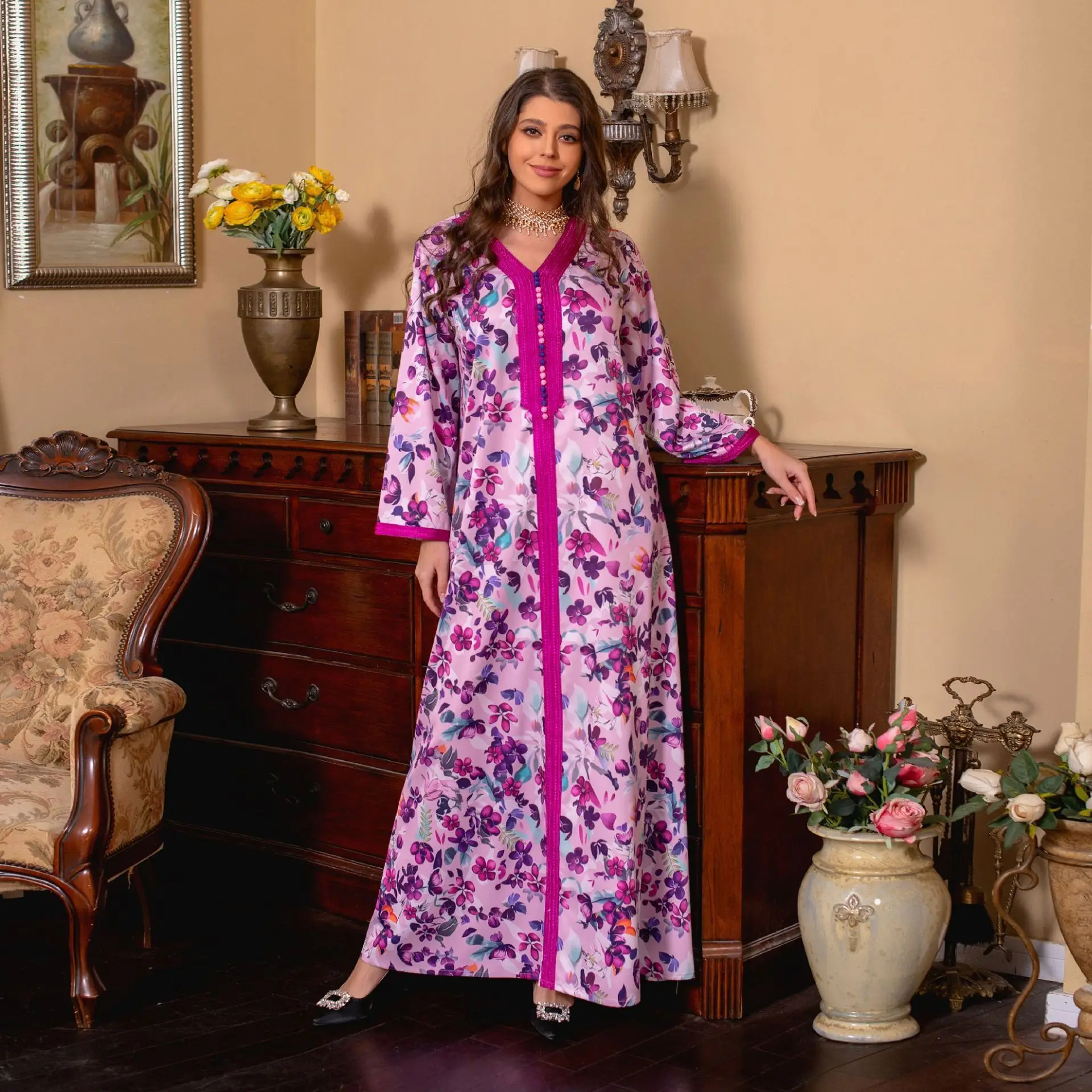 AB281 Dubai Türkiye 2023 Spring abaya Women's Fashion Rose Purple Dress Print Dress