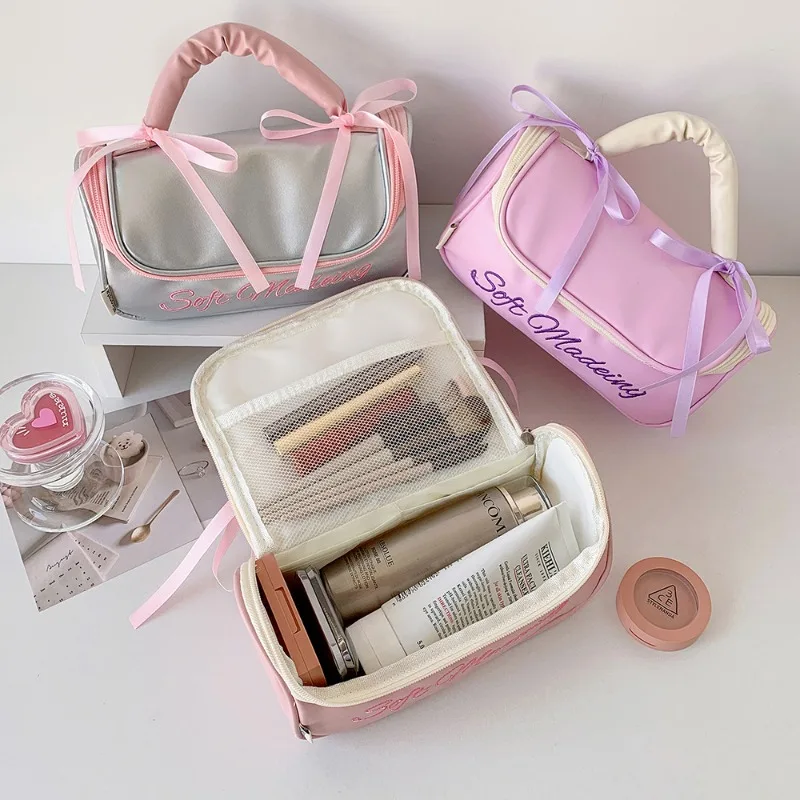 Korean Fashion Casual Large Capacity Pencil Case PU Portable INS Solid Color Washing Make Up Statonery Bag Student Supplies