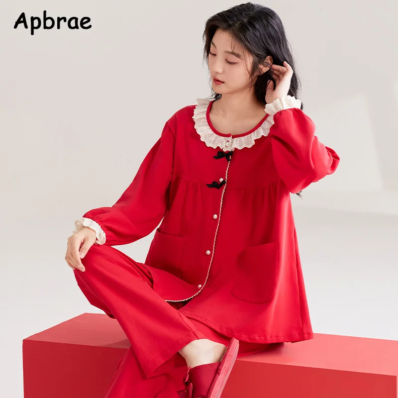 Heart Print Red Pajamas for Women Autumn Winter Long Sleeves Cotton Pijamas Woman Nightwear Lapel Cardigan Sleepwear