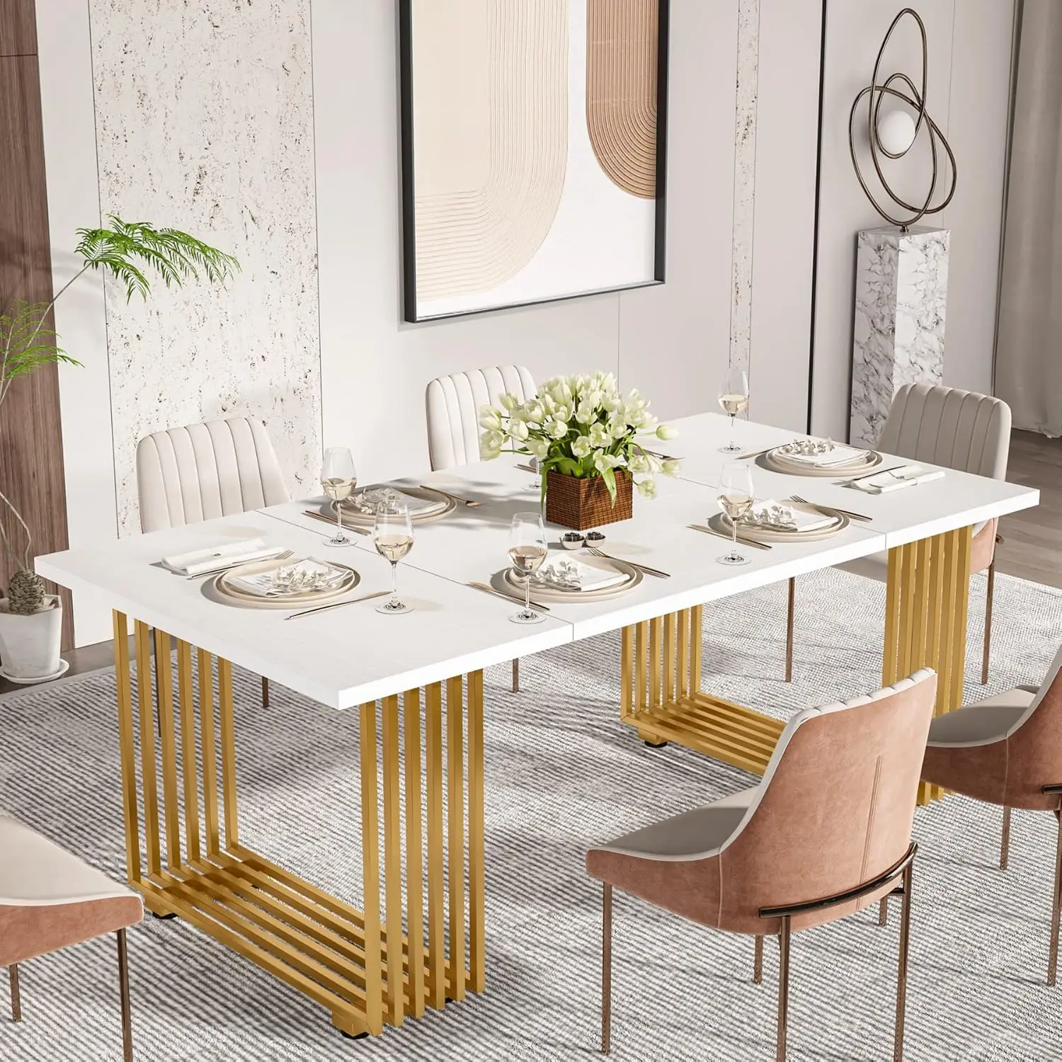 Modern Dining Table for 6-8 People, 70.8-in Wooden Kitchen Table, Rectangular Dinner  for Room Family Gathering