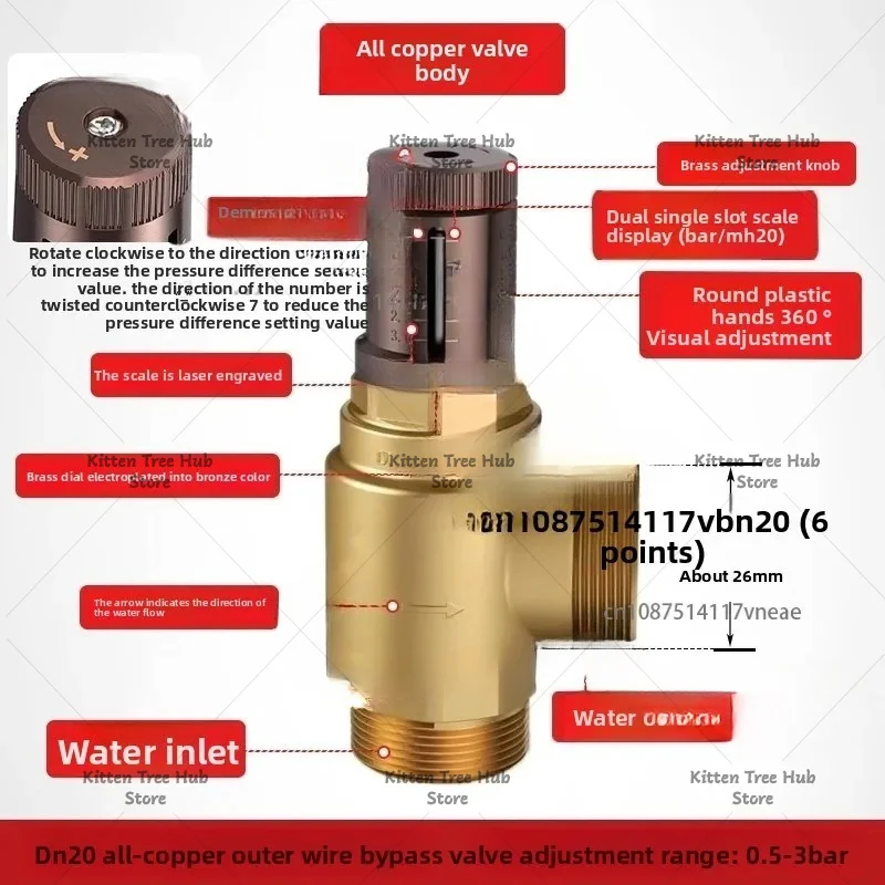 Dual supply pressure differential bypass valve with visual adjustment brass bypass valve