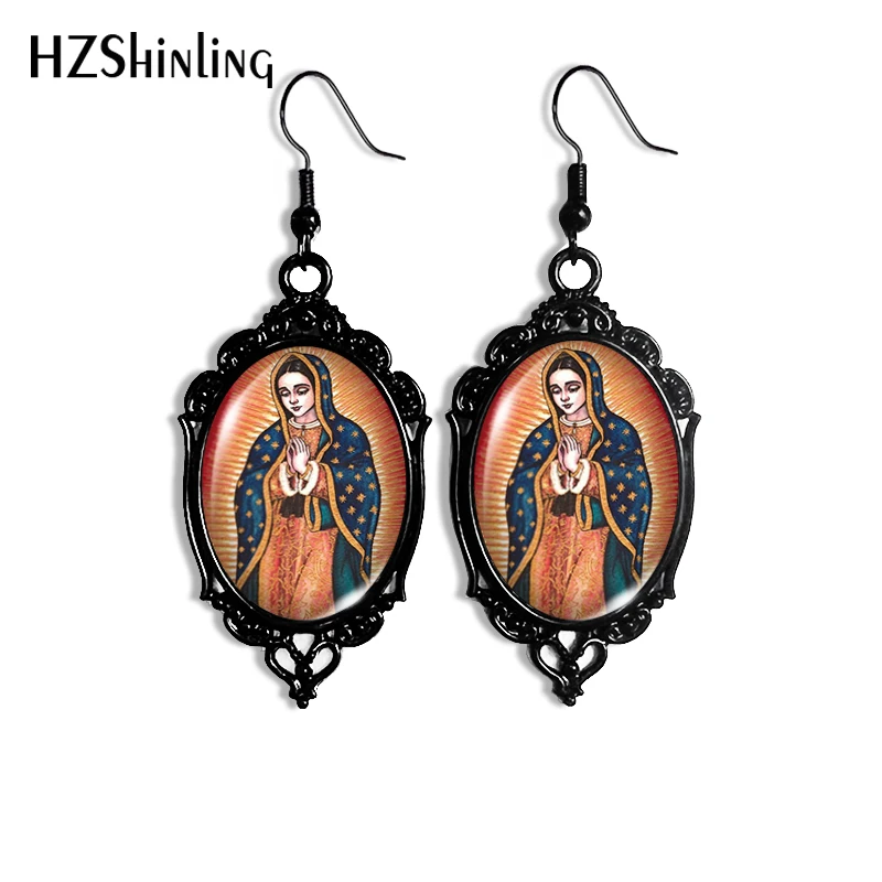 2024 New Our Lady of Guadalupe Dangle Earring Black Lace Earrings Oval Glass Photo Jewelry Gifts Party