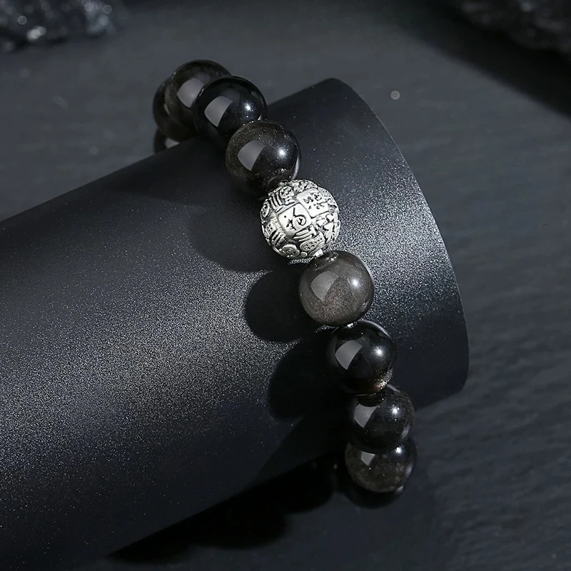 Natural Obsidian Beaded Bracelet 999 Silver Auspicious Bead Chinese Style Fortune Attracting Amulet For Men Women Spiritual Jewe