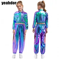 Traje de baile de Jazz de Hip-Hop para niños y niñas, chaqueta metálica brillante, prendas de vestir de manga larga con pantalones para monopatín, traje de baile callejero