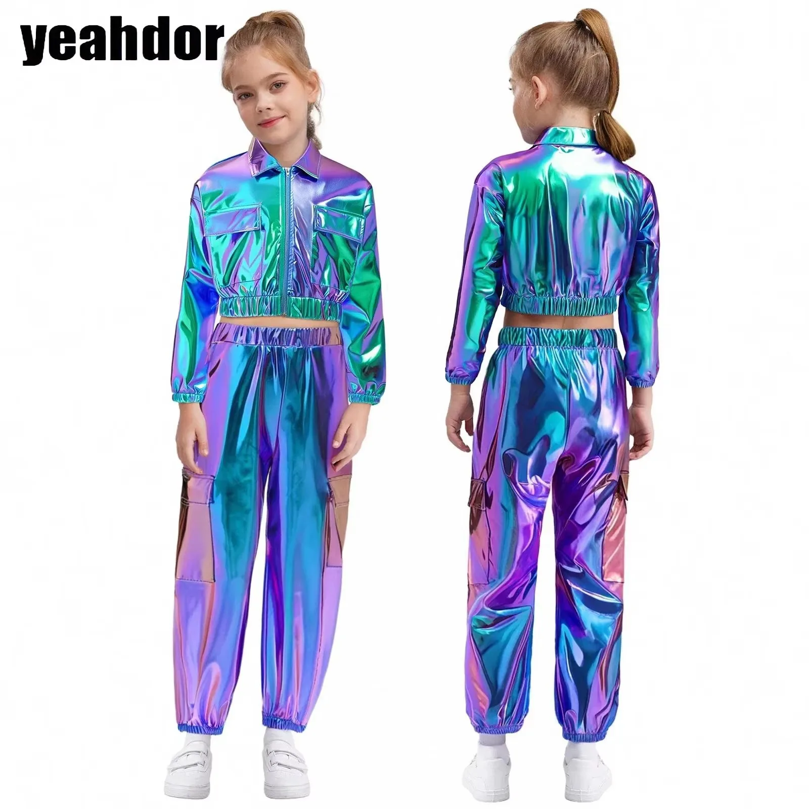 Boys Girls Hip-Hop Jazz Dance Outfit Metallic Shiny Jacket Long Sleeve Outwear with Pants for Skateboarding Street Dance Costume