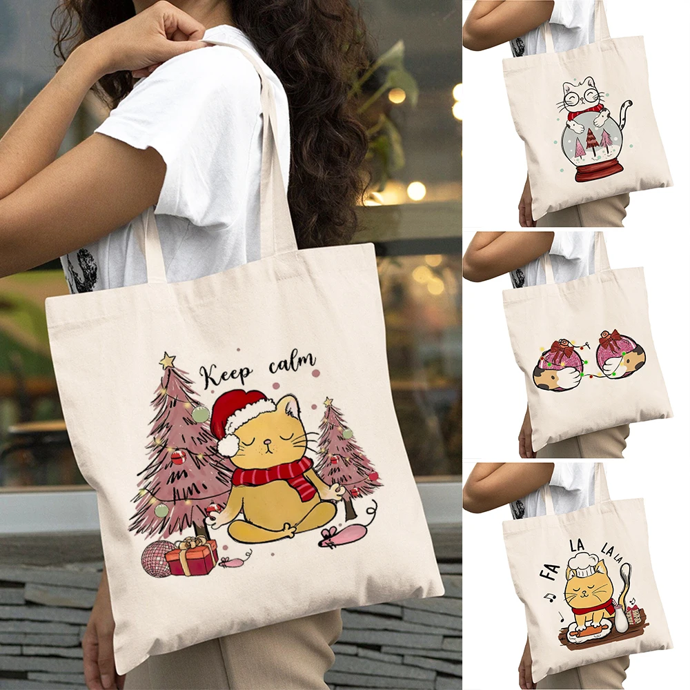 

Casual Chef Cat Women Daily use Bags Yoga Cat Girl Shopper Shoulder Handbag Double Print Snow Globe Kitty Lady Shopping Bag