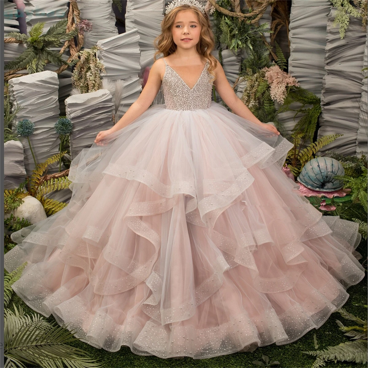 Vestido de niña de flores esponjoso en capas de tul apliques brillantes boda elegante flor primer vestido de fiesta de cumpleaños eucarístico para niños