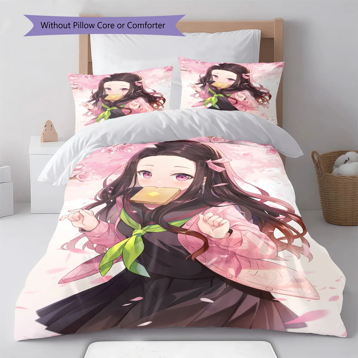 Demon Slayer Nezuko Kamado Dark Background Bedding Set Anime Duvet Cover Polyester Soft Bed Linen Set -QJY