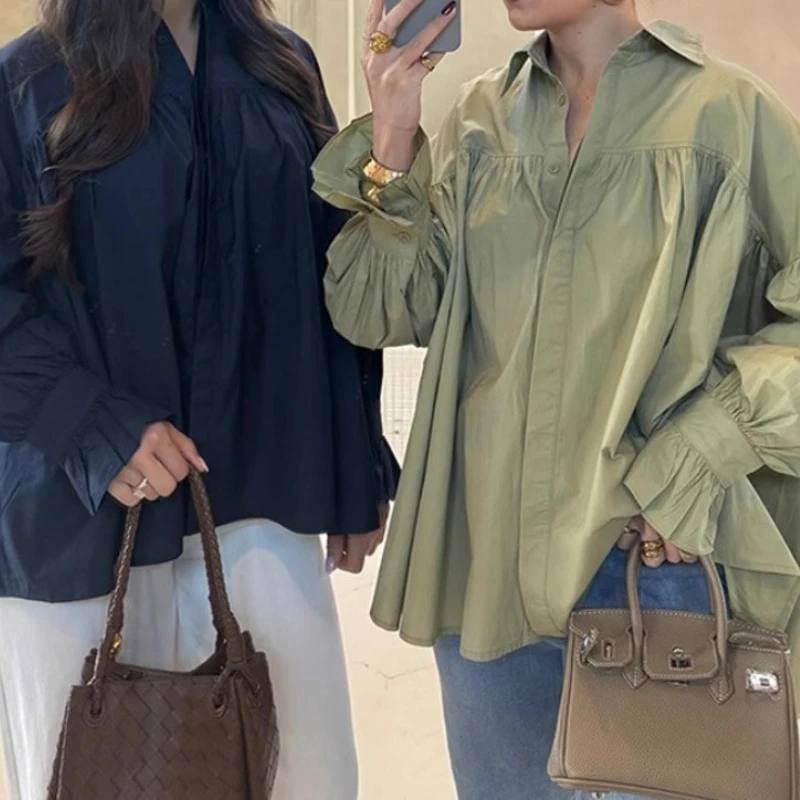 

Women's Fashion 2025, Two-color Chiffon Shirt with Drop Shoulder, Lantern Long Sleeves, Loose Fit, Single-breasted.