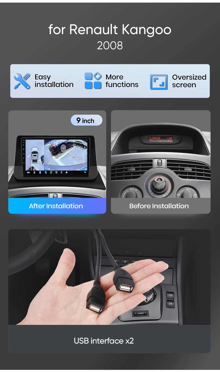 Junsun Autoradio für Renault Kangoo 2008 mit CarPlay, Android Auto, FM, RDS, DSP, BT, GPS-Navigation, Lenkradfernbedienung, HD IPS Touchscreen, Plug & Play Multimedia-Player, Freisprechfunktion, Original-Autostil-Haupteinheit – Detail 2