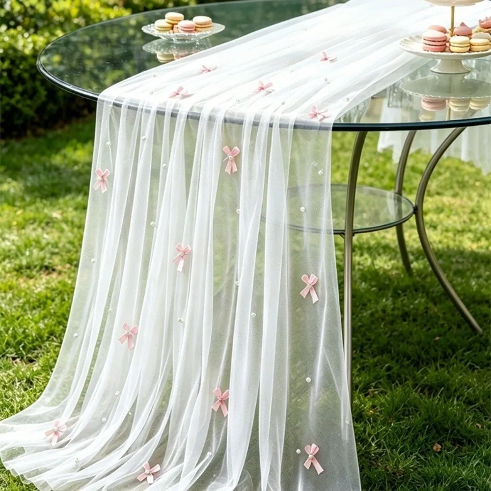 75×300cm Pearl Chiffon Table Flag Pearl Chiffon Fabric Sheer Drapes Pearl Tulle Table Runner Gauze Mesh Semi Transparent