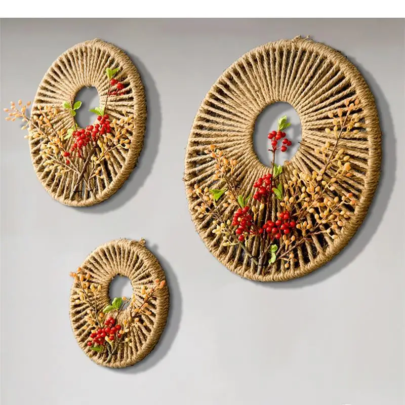 Chinese Rattan Round Wall Decoration 3-piece Set Hanging Pendant Hand-woven Hemp Rope Crafts Home Wall-mounted Ornaments