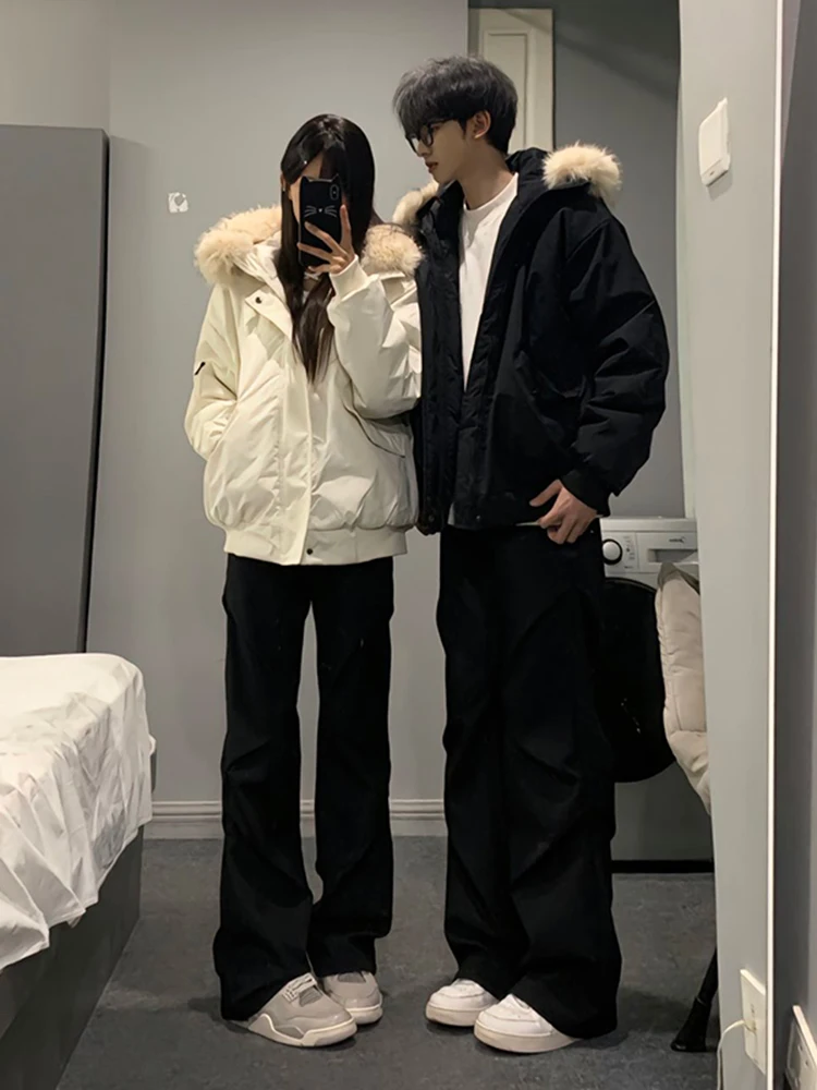 Хлопковая куртка с капюшоном в стиле ретро в американском стиле и меховым воротником для мужчин и женщин, зимняя теплая верхняя одежда, пальто для пар