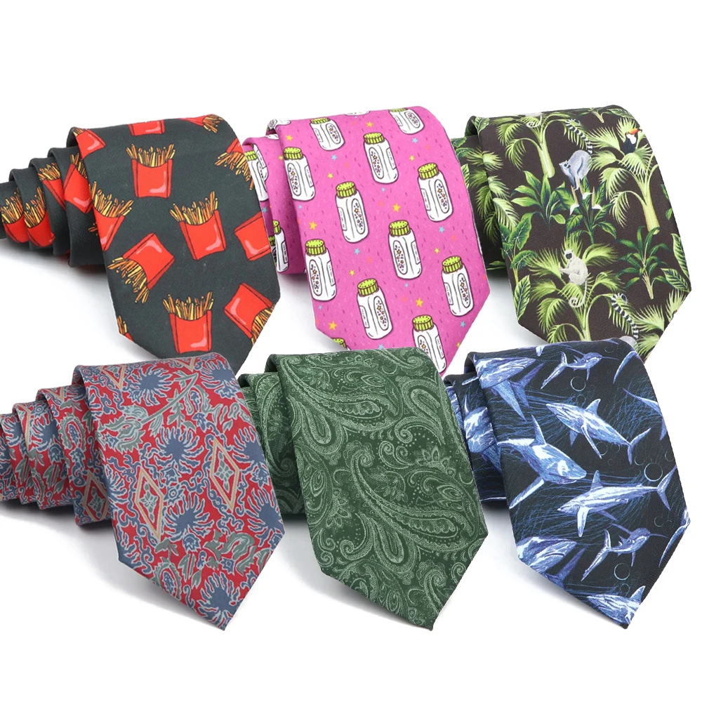 Men's 7.5cm Polyester Ties Soft Smooth Cute Hamburger Shark Skull Fish Pattern Printed Necktie Wedding Party Accessories Gifts