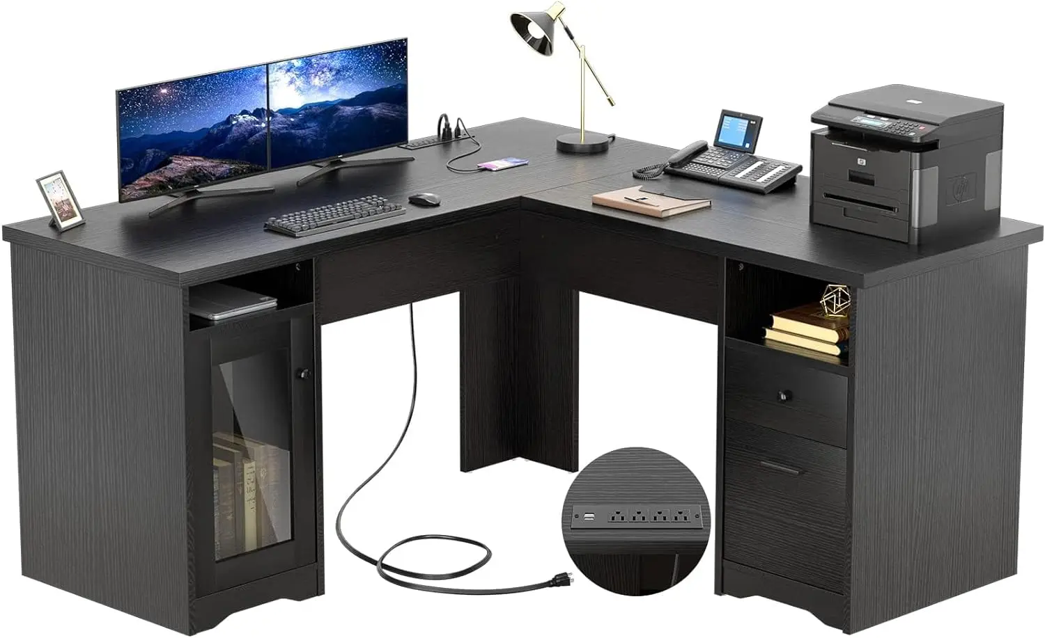 Unikito L Shaped Office Desk with Drawer Power Outlet & USB Charging Port, Large Corner Desk with File Cabinets