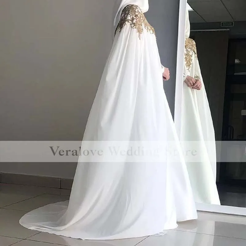 Long Sleeves High Neck Muslim Evening Dress Gold Appliques Abiye Elbiseleri Prom Caftan Vestido De Fiesta De Boda Customized