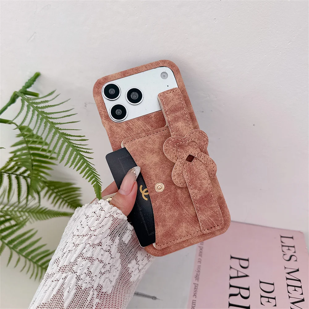 

17 Pro Max Vintage Heart Knot Soft Suede Texture Phone Case for iPhone 16 15 14 13 Pro Chic Card Slot Wallet Wrist Strap Cover