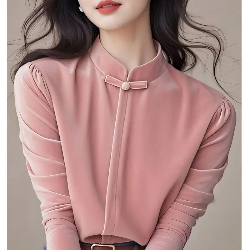 Ele Pink Collar Long Sve Women's irt New Chinese Sle Versatile Spring Autumn Faionable Anti-Aging Small Top