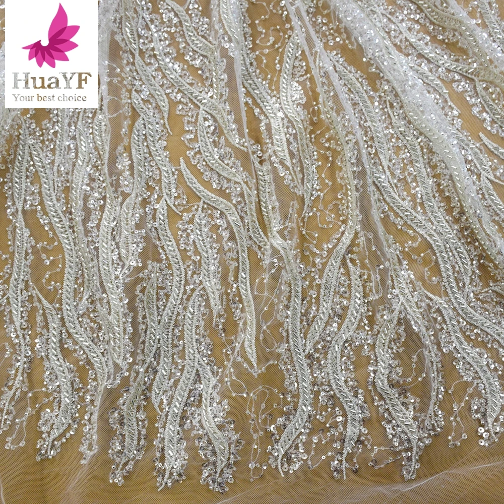 

1 Yard Elegant White Mesh Net With Beads And Sequins Lace Fabrics For Bridal Dress HY1698-2