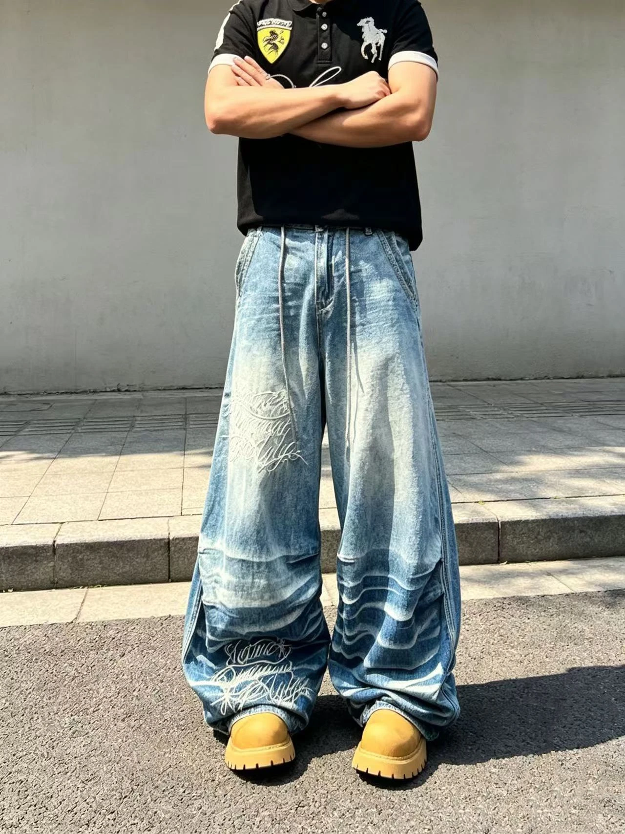 Men's Letter Pattern Design Blue Jeans Cool Boys Bottom Casual Pants Wide Legs Street Sweatpants Male High Waist Loose Trousers