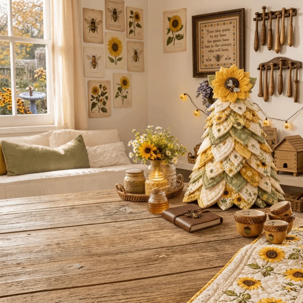 Vintage DIY Quilted Christmas Tree Kit Hydrangea Sunflower Flowers Fabric Patchwork Xmas Tree Beginner‑Friendly Layered