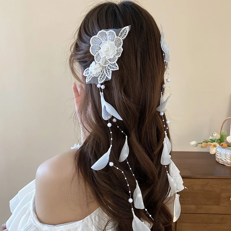 2 Pcs Lace Flower Hair Clip Hair Ornament White Petal Long Ribbon Side Hairpin For Women Girls Wedding Bridal Hair Accessories