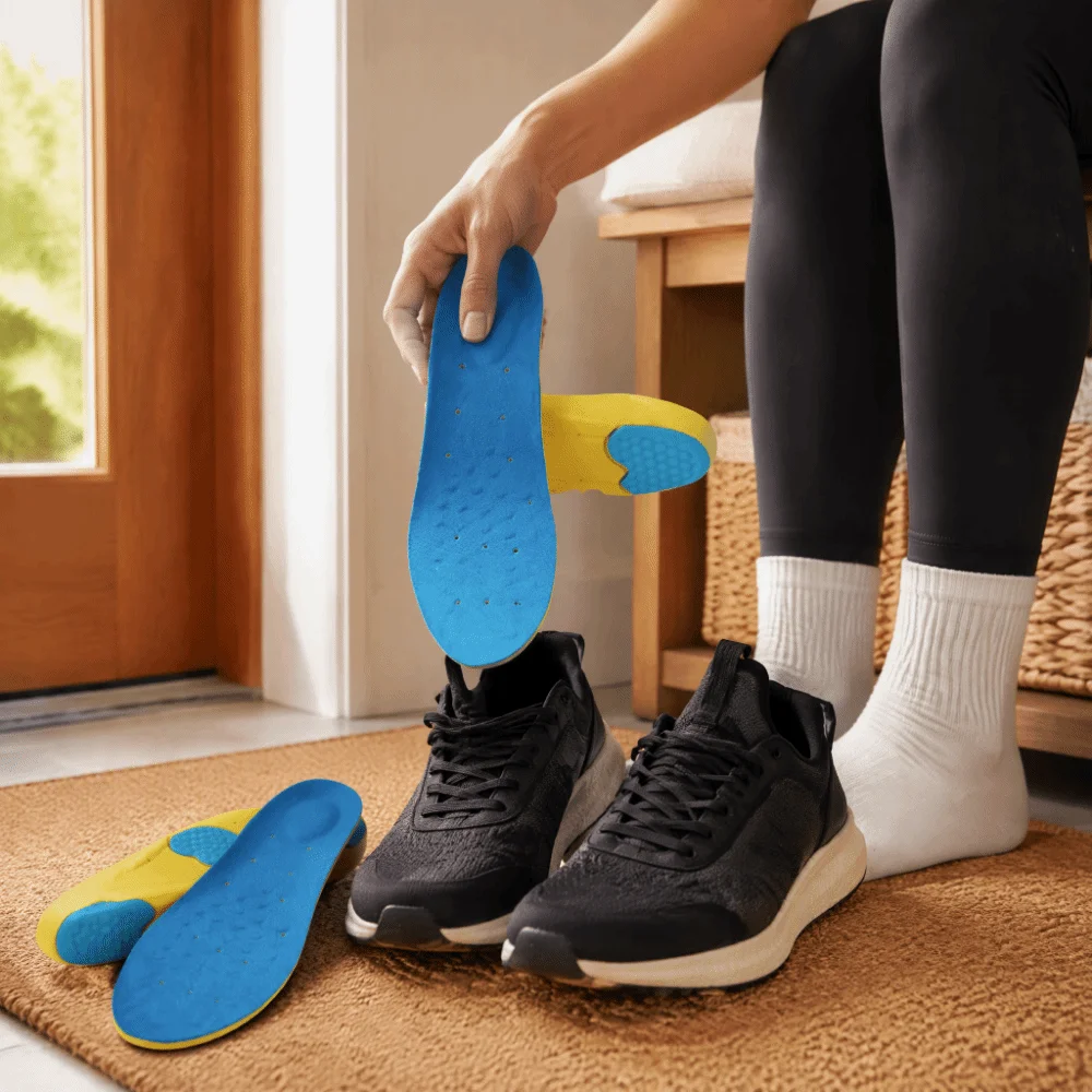 4pcs PU Gel Base Shoe Insoles Thickened Footbed Blue‑Yellow Color Sport Insoles Velvet Mesh Top Layer Heel‑Thick Design