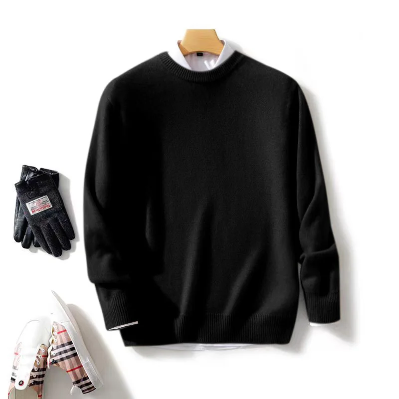 

O-Neck Chic Men's Soft Warm Basic 100% Merino Wool Knitwear Casual Loose Long Sleeve Pullovers Exquisite Simple Sweater Tops